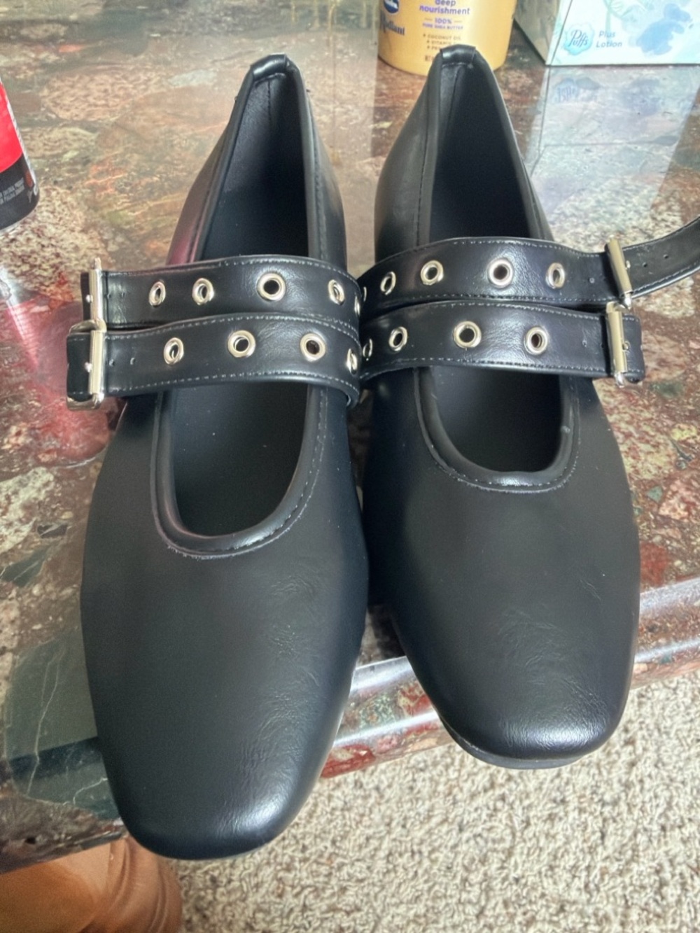 Women's Black Mary Jane Flats with Grommet Strap Detail